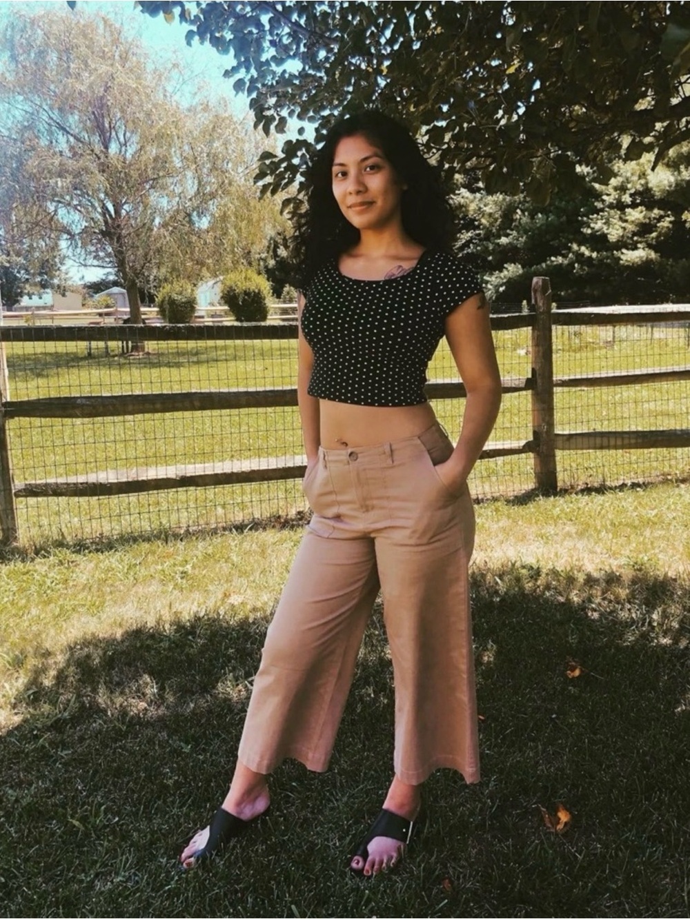 Cotton Olive Wide-Leg Chinos Capri Gaucho Pants - Picture 4 of 4